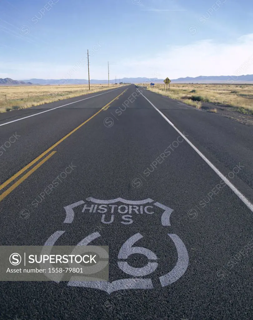 USA, Arizona, Seligman, route 66, asphalt,  Symbol  Series, North America, unified states, sight, historically, landmarks, street, country road, conne...