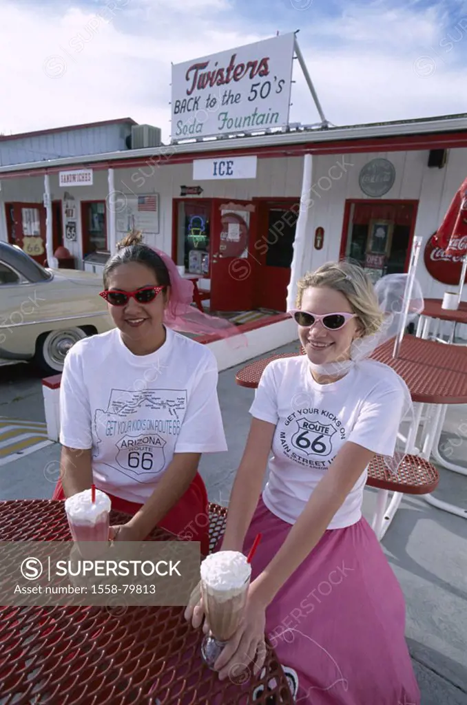 USA, Arizona, route 66, Williams,  Twisters soda Fountain, girls,  Milk shake North America, unified states East west connection Route66 legendary his...