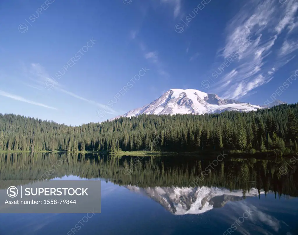 USA, warehington, Mount Rainier National  Park, sea, reflection, water surface,  North America, isolated unified of Mount-Ranier-Nationalpark Cascade ...