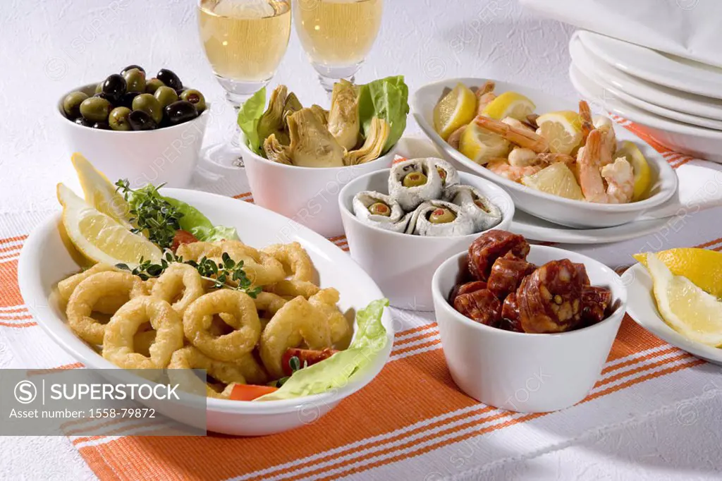 Appetizer buffet, Spanish, Tapas,  Wine glasses  Spain, food, foods, appetizers, specialties, mediterran, Büfett, typically, prepared, peels, bowls, a...