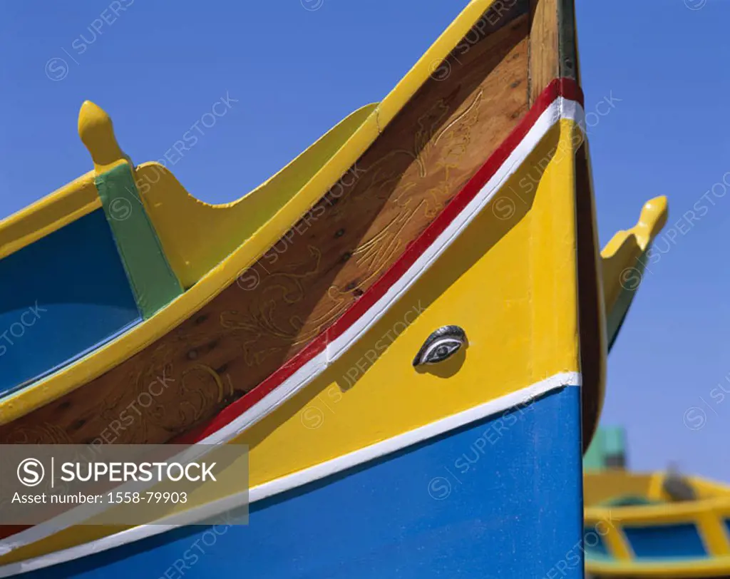 Malta, Marsaxlokk, Fischerhafen,  Boat, paints colorfully, detail, bow ´eye,´  Series, island state, Maltese islands, Mittelmeerinsel,  Island, harbor...