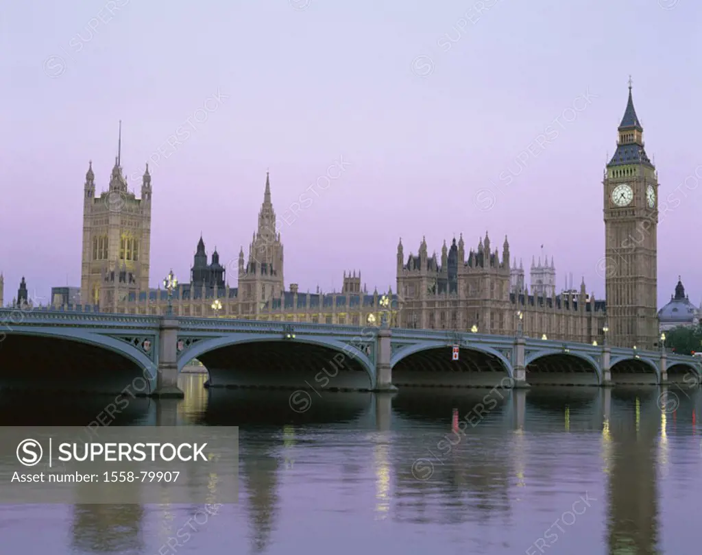 Great Britain, England, London,  Thames, Westminster bridge,  Houses of Parliament, Big Ben, evening  Europe, island, city, capital, view at the city,...