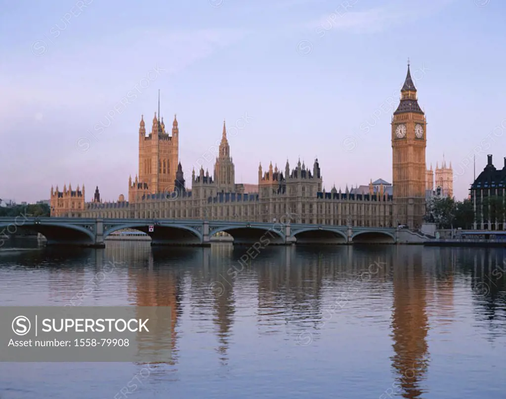 Great Britain, England, London,  Thames, Westminster bridge,  Houses of Parliament, Big Ben, evening  Europe, island, city, capital, view at the city,...