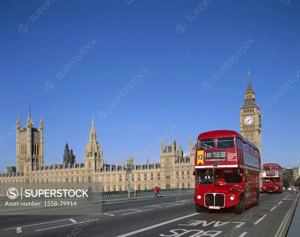 Great Britain, England, London,  Westminster bridge, buses,  Houses of Parliament, Big Ben,  Europe, island, city, capital, view at the city, bridge, ...