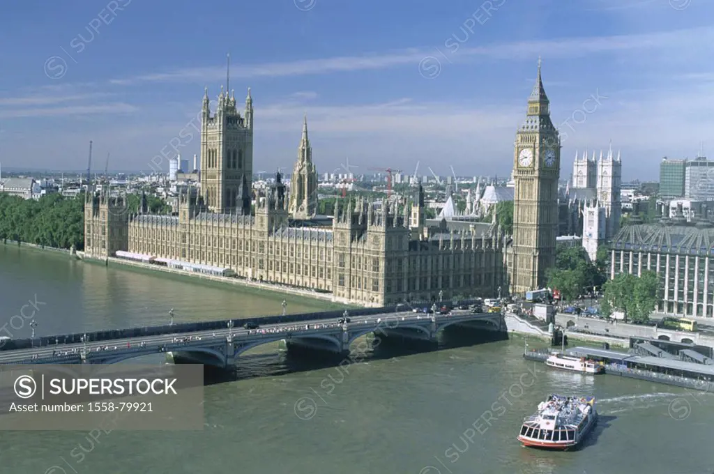 Great Britain, England, London,  Overview, Thames, Westminster bridge,  Houses of Parliament, Big Ben,  Europe, island, city, capital, view at the cit...