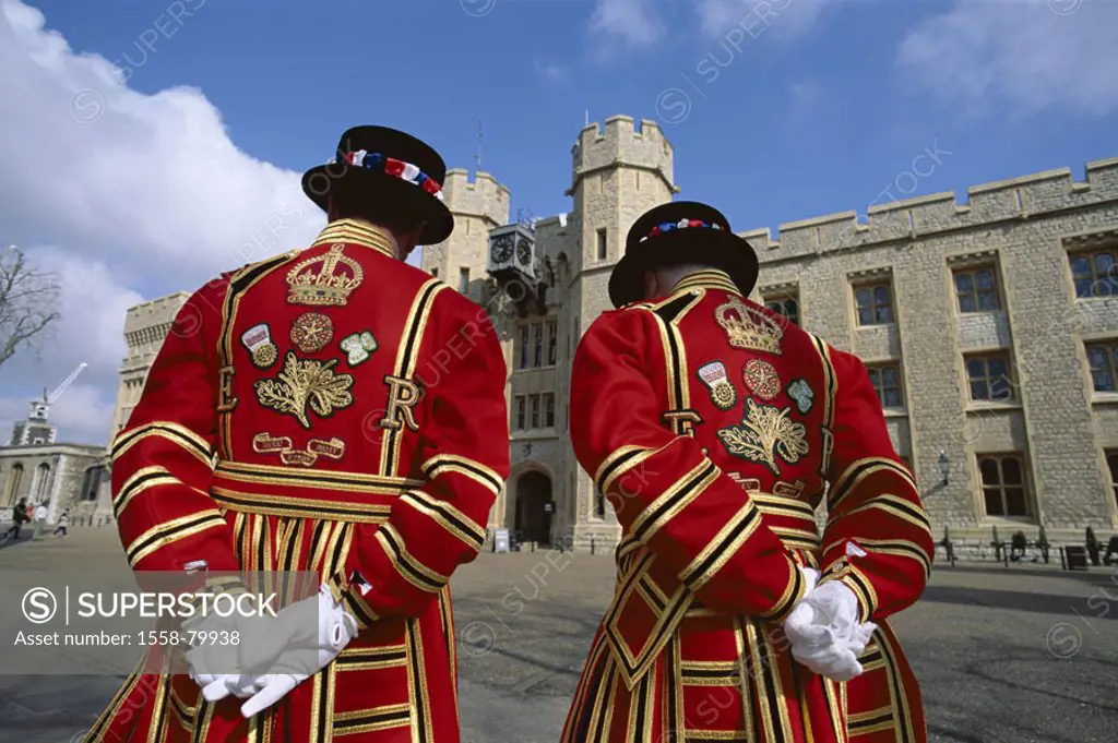 Great Britain, England, London,  Tower, Beefeaters, view from behind   Europe, island, city, capital, buildings, men, station, watches, two, outfits, ...