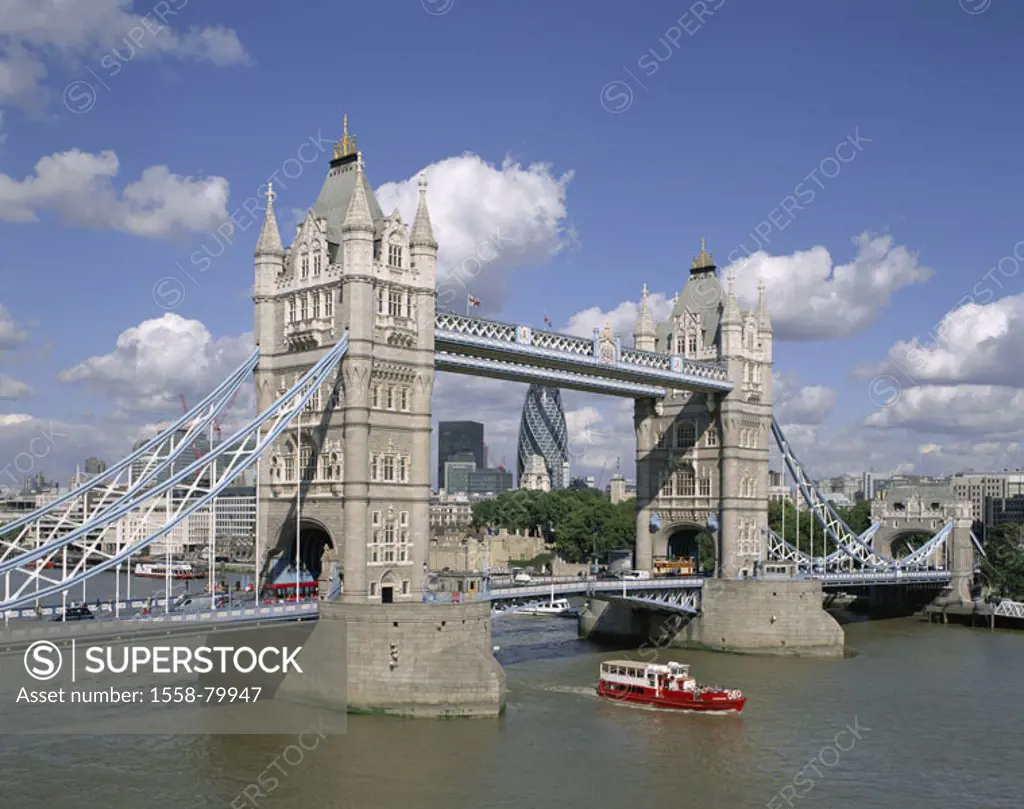 Great Britain, England, London,  Tower bridge, Thames, trip boat,  view at the city  Europe, island, city, capital, skyscrapers, Swiss Re tower, const...