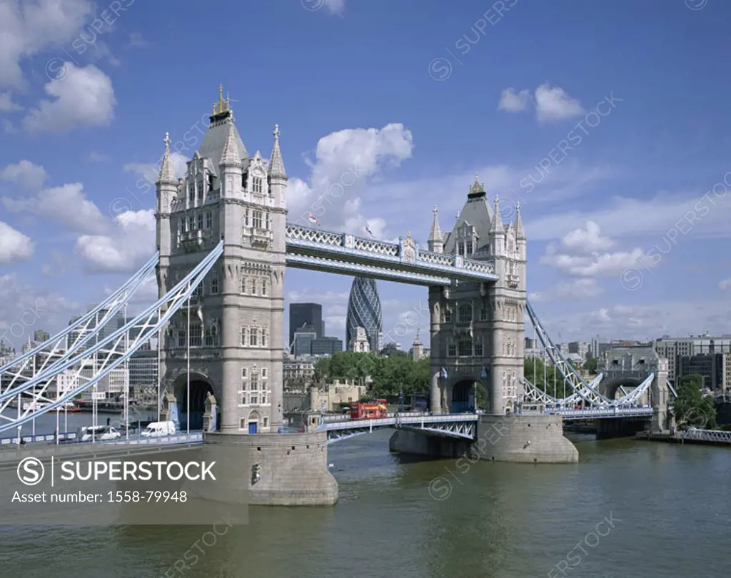 Great Britain, England, London,  Tower bridge, Thames, view at the city   Europe, island, city, capital, skyscrapers, Swiss Re tower, construction, la...