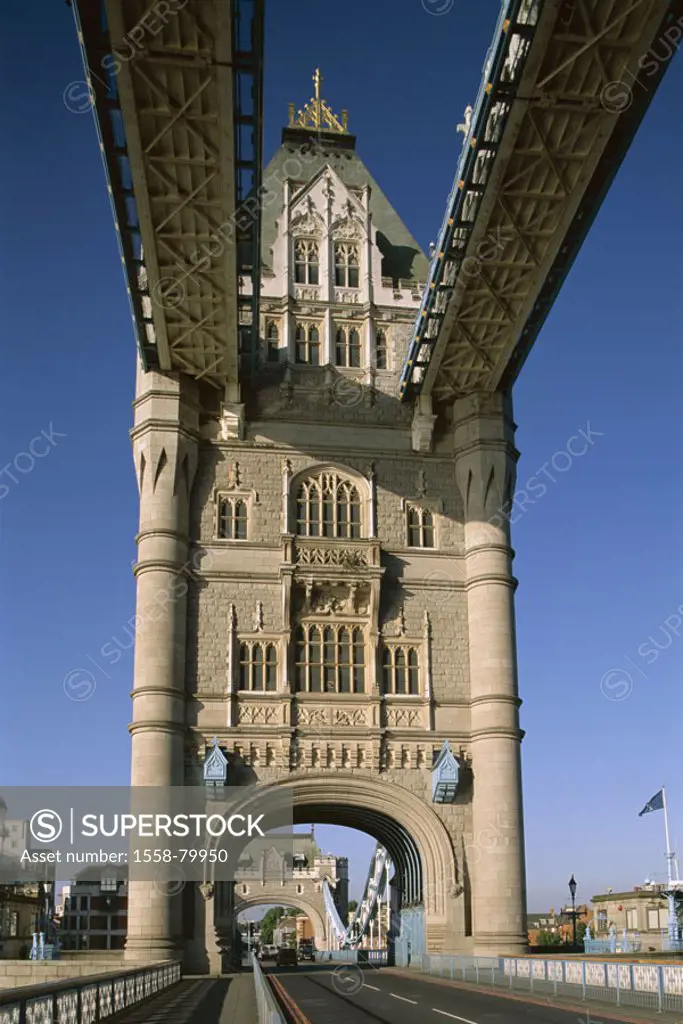 Great Britain, England, London,  Tower bridge, detail, bridge abutments,  Street  Europe, island, city, capital, construction, historically, landmarks...