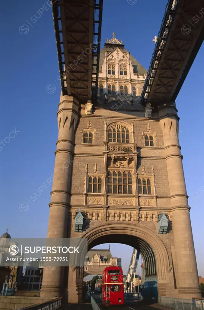 Great Britain, England, London,  Tower bridge, detail, bridge abutments,  Double-decker bus Europe, island, city, capital, construction, historically,...