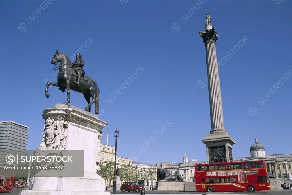 Great Britain, England, London,  Trafalgar Square, Nelson-Säule,  Bus, rider statue of Charles I.,  Europe, island, city, capital, view at the city, c...