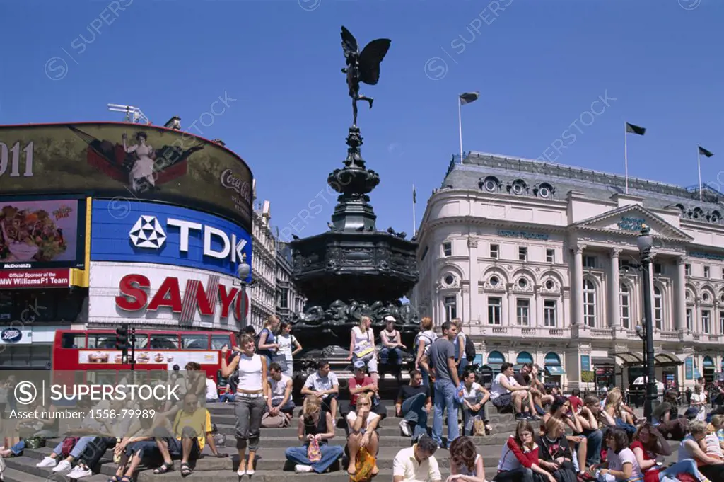 Great Britain, England, London, Piccadilly Circus, Eros statue, steps, Tourists, Europe, island, city, capital, view at the city, place, houses, adver...