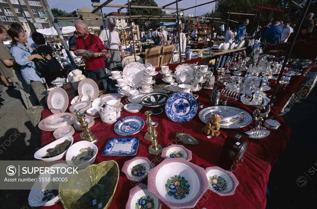 Great Britain, England, London, Portobello Road, antique market, porcelain, Silver, customers, Europe, island, capital, Notting Hill, market stand, wa...