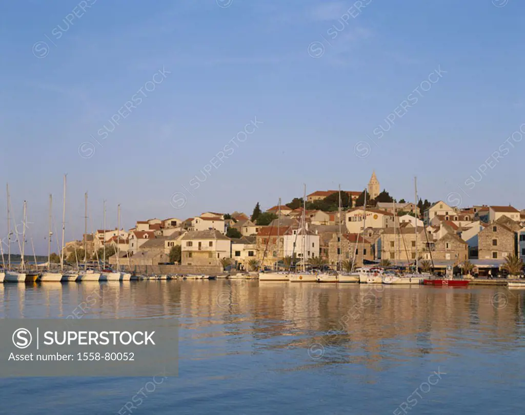 Croatia, Primosten, view at the city, Harbor, evening sun,  Series, Balkan peninsula, Dalmatia, Dalmatian coast, cityscape, old town, houses, residenc...