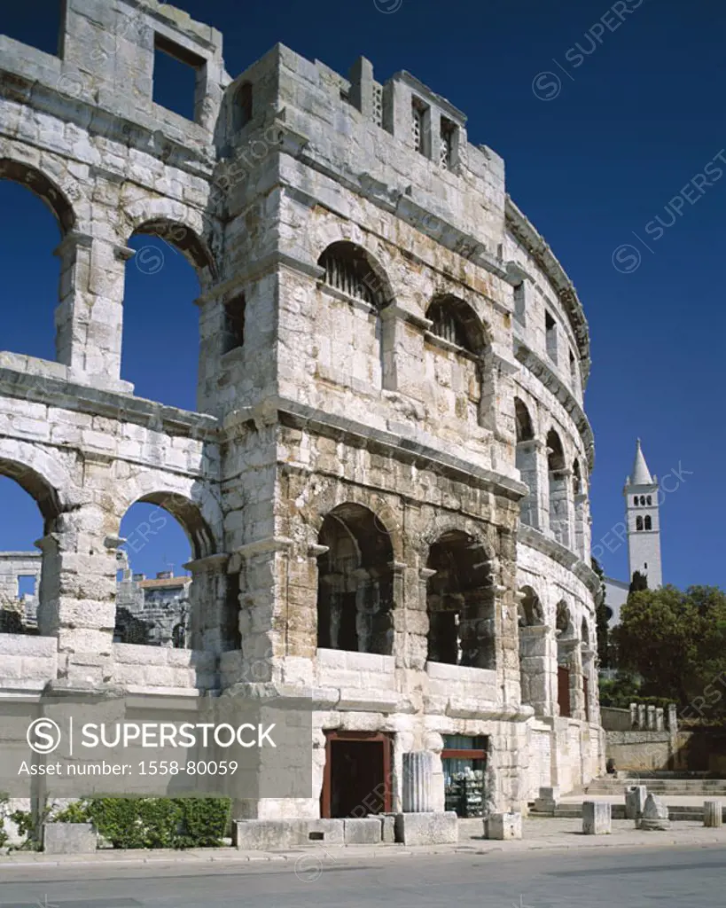 Croatia, Istrien, Pula, amphitheaters,  Detail  Balkan peninsula, city center, theaters, construction, ruin, architecture, culture, landmarks, sight, ...