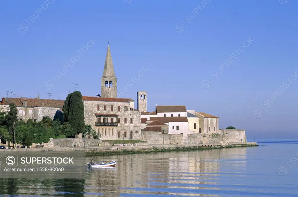 Croatia, Istrien, Porec, view at the city, Steeple  Balkan peninsula, port, houses, church, tower, docks, motorboat, fisher boat, destination, tourism...