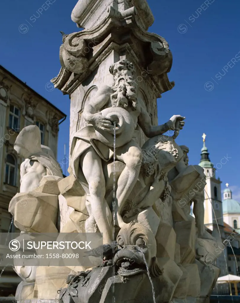 Slovenia, Ljubljana, place Mestni Trg,  Wells of the Krainer rivers, 1751, detail, Well figures Series, Balkan peninsula, capital, city place, water g...