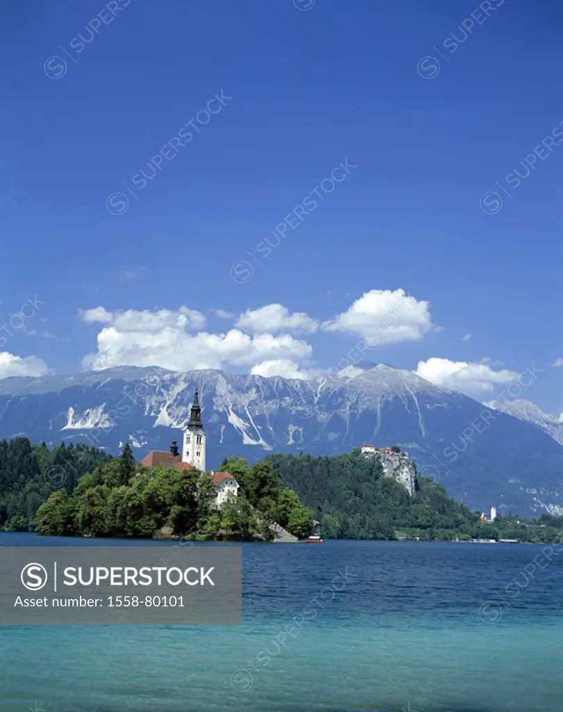 Slovenia, Bled, landscape, Bleder,  Sea, island, baroque church ´St. Maria  in the lake´, summer, Series, Balkan peninsula, Julische Alps, air health ...