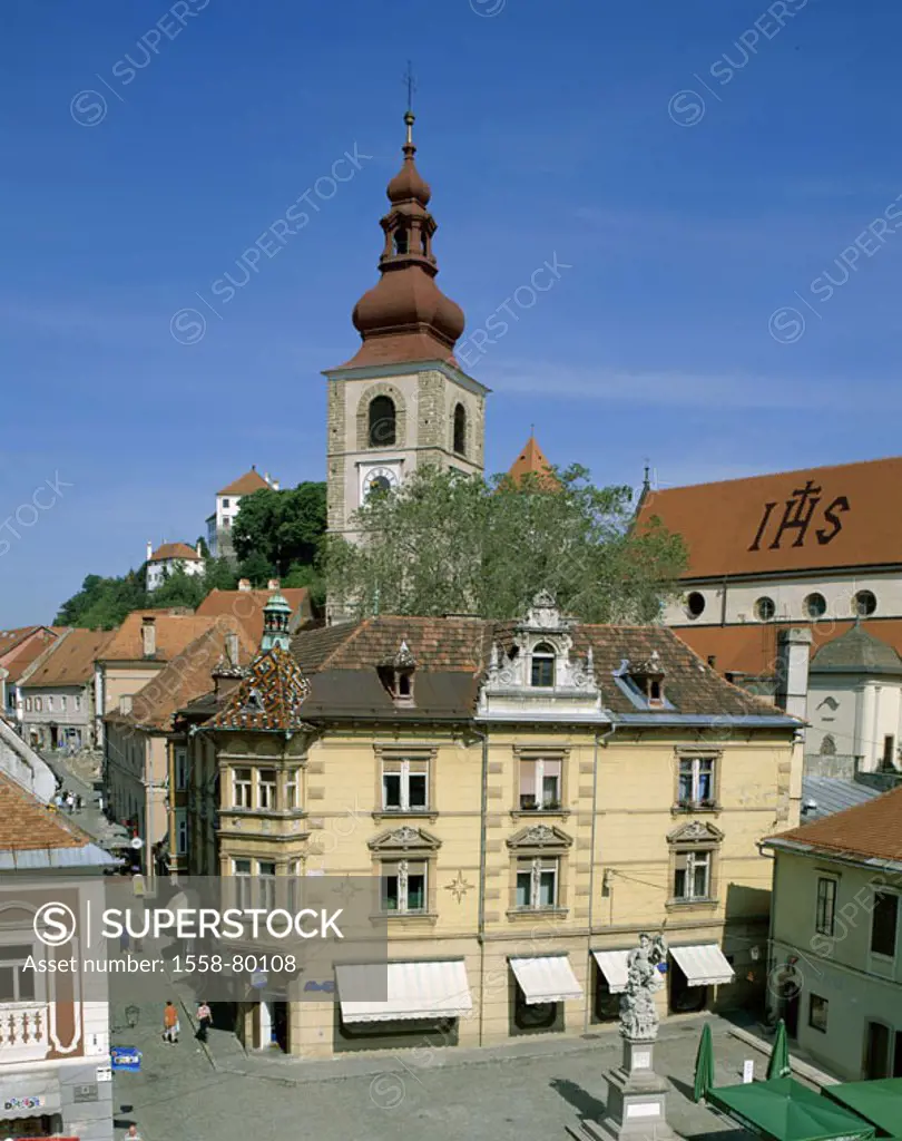 Slovenia, Ptuj, old town, church, St. Georg, detail, steeple  Balkan peninsula, Slovenian wine street Steiner Alps houses alleys city parish church St...
