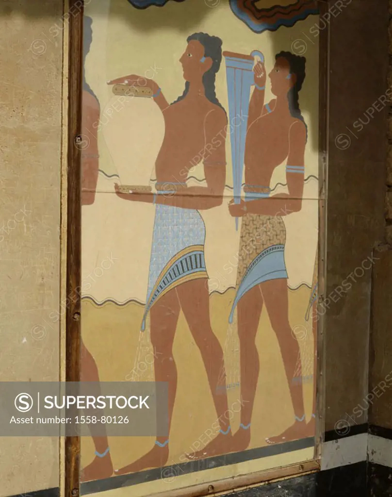 Greece, island Crete, Knossos,  Murals, detail,  Europe, Mediterranean island, sight, culture, temples, palace, remains, painting, wall painting, repr...