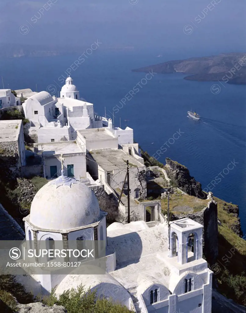 Greece, Kykladen, island Santorin,  Santorin-Stadt, churches, domes,  Look sea, ship, Europe, Mediterranean island, Mediterranean, Aegean, sea gaze, o...