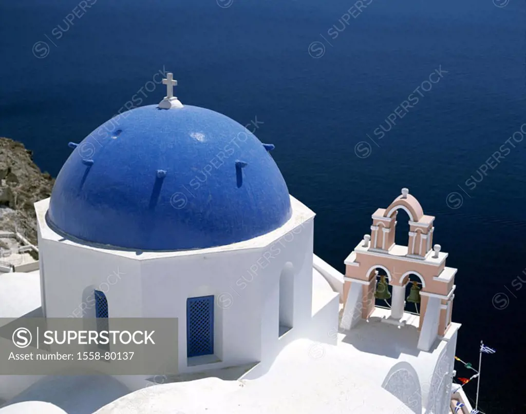 Greece, Kykladen, island Santorin, Oia, church, detail, coast, sea  Europe, Mediterranean island, Mediterranean, Aegean, coast region, coast area, roc...