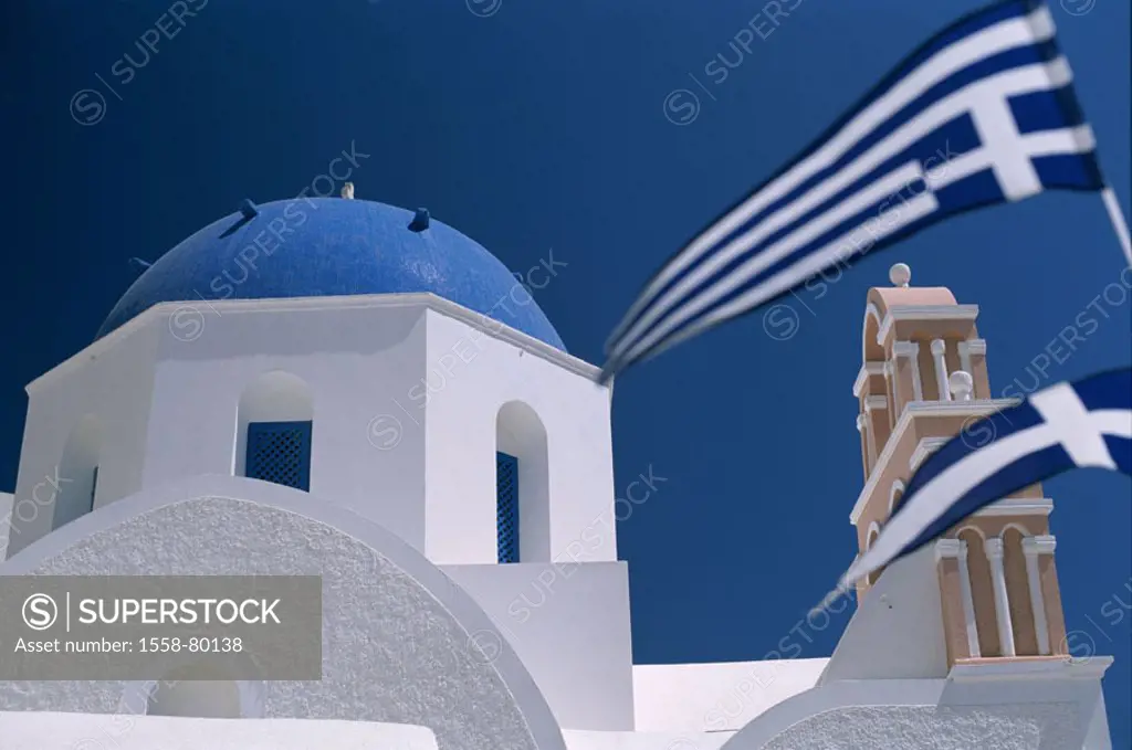 Greece, Kykladen, island Santorin, Oia, church, national flags  Europe, Mediterranean island, coast region, dome, blue, belfry, construction, style, r...
