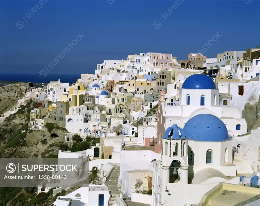 Greece, Kykladen, island Santorin, Oia, view at the city,  Series, Europe, Mediterranean island, Mediterranean, Aegean, coast region, coast, rock coas...