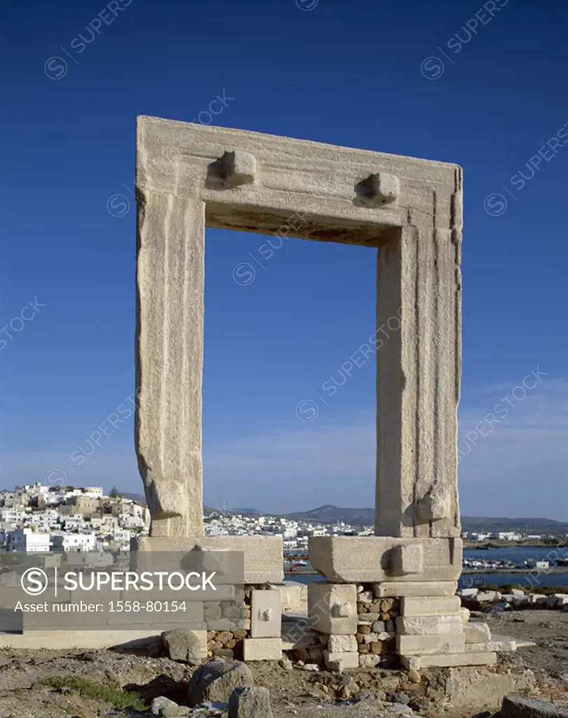 Greece, Kykladen, island Naxos,  Apollon-Tempel, ruin, gate  Europe, Aegean islands, Mediterranean island, Mediterranean, Aegean sea, bay, Chora, view...