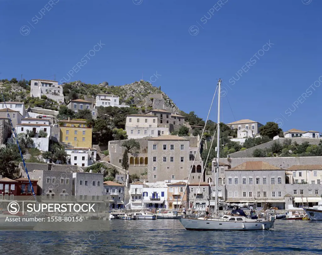 Greece, island Hydra, skyline,  Harbor, boats,  Europe, Mediterranean island, Saronische islands, place, place, destination, houses, residences, hills...