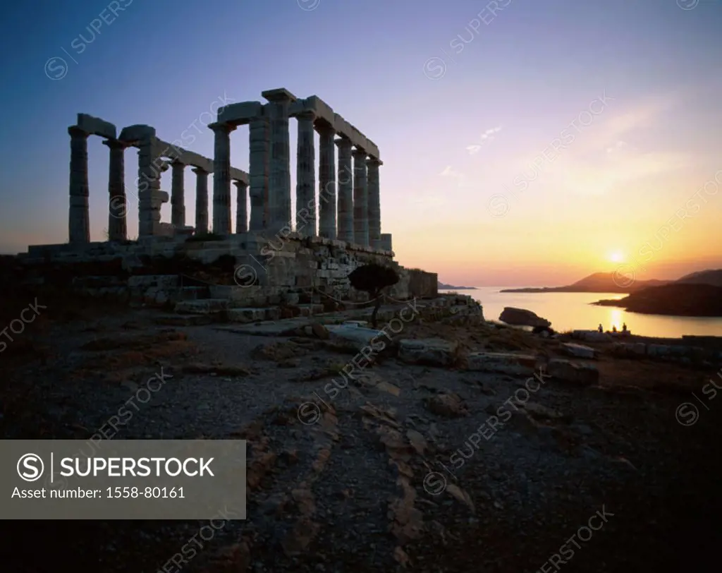 Greece, cape Sunion, Poseidon Temples, sunset,  Europe, peninsula Attika, ruin, temple ruin, Poseidontempel, columns, remains, sight, culture, destina...
