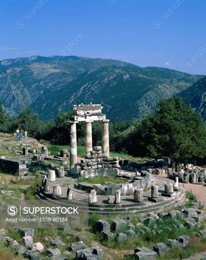Greece, Delphi, Tholos from  Marmaria  Europe, Marmaria terrace, temples, ruin field, temple ruin, remains, columns, sight, antique, antiquity, cultur...
