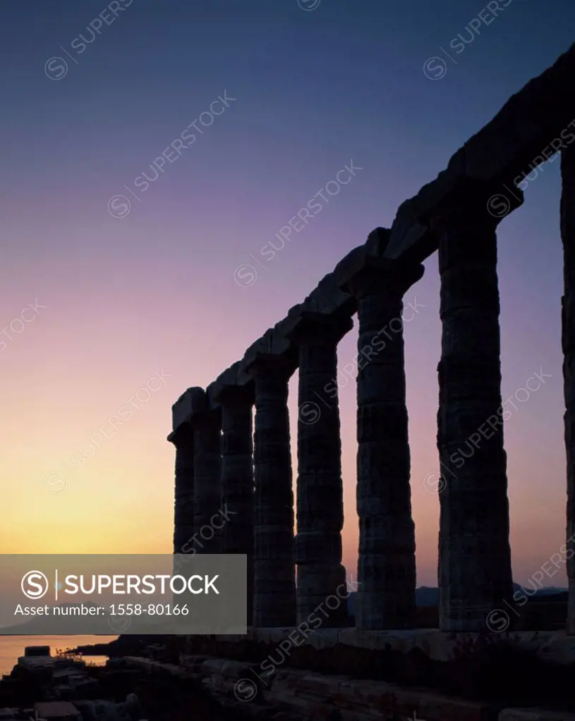 Greece, cape Sunion, Poseidon Temples, detail, silhouette,  Sunset Europe, peninsula Attika, ruin, temple ruin, Poseidontempel, columns, remains, sigh...