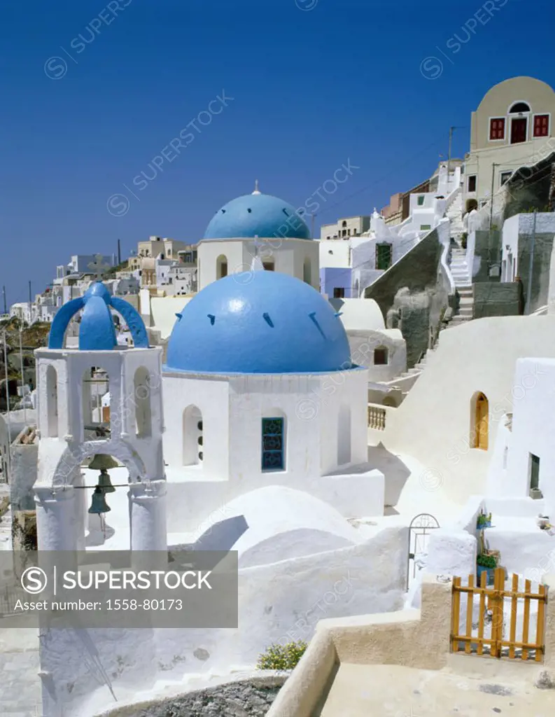 Greece, Kykladen, island Santorin, Oia, view at the city,  Europe, Mediterranean island, coast region, coast, rock coast, steep coast, hillside, hills...