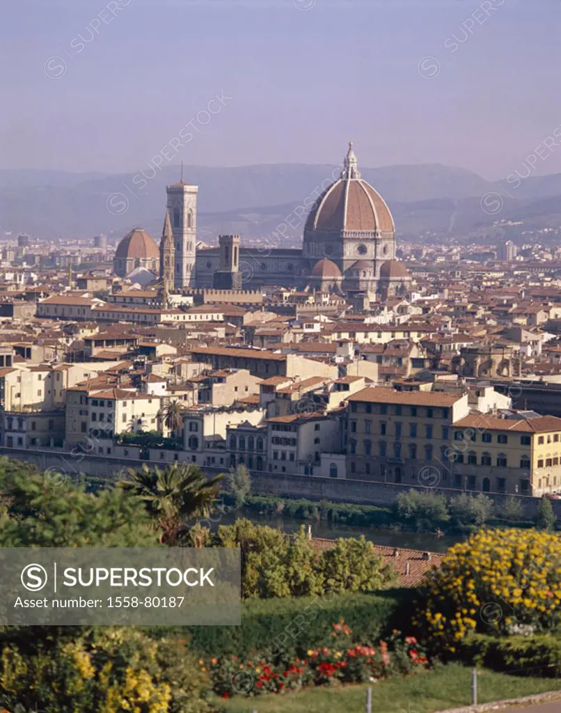 Italy, Tuscany, Florence, view at the city, Cathedral Santa Maria Del Fiore  Cityscape, city, houses, residences, church, cathedral,  Baubeginn 1294, ...