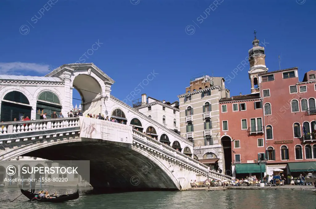 Italy, Venice, Canal Grande, gondola,  Rialtobrücke, tourists,  Series, Europe, Venetien, lagoon city, Canale Grande, canal, waterway, bridge, Ponte o...