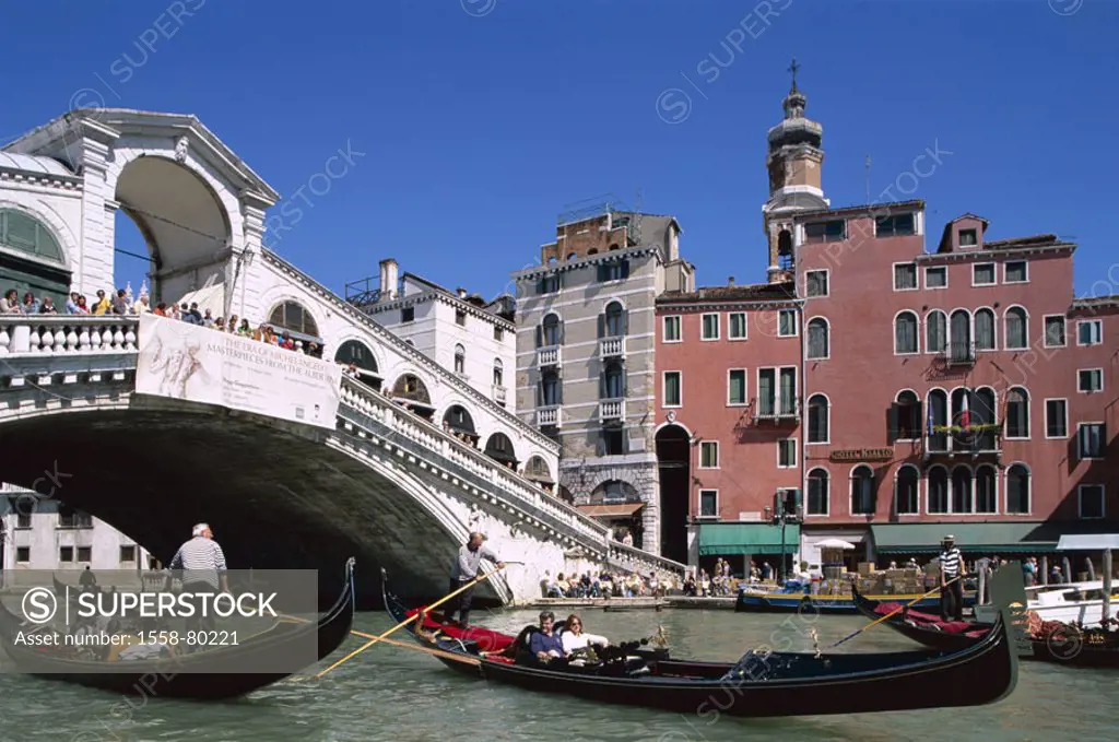 Italy, Venice, Canal Grande, gondolas,  Rialtobrücke, tourists,  Series, Europe, Venetien, lagoon city, Canale Grande, canal, waterway, bridge, Ponte ...