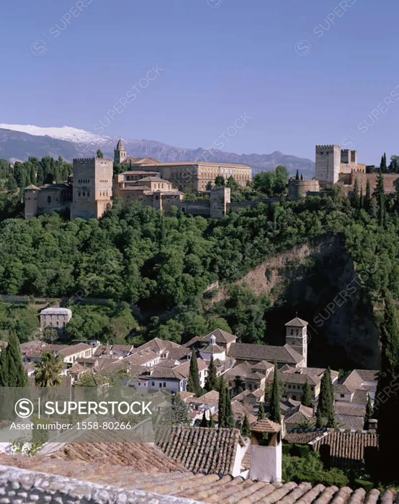 Spain, Andalusia, grain Ada,  view over the city, Alhambra,  Europe, Iberian peninsula, South Spain, sight, UNESCO-World Heritage Site, construction, ...