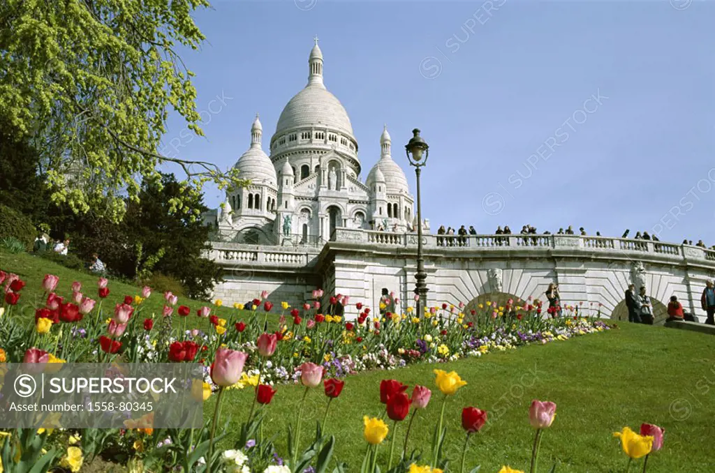 France, Paris, Montmartre, Basilica Sacré-Coeur, visitors,  Park, flowers, spring  Europe, capital, sight, landmarks, construction, Sacre Coeur Basili...