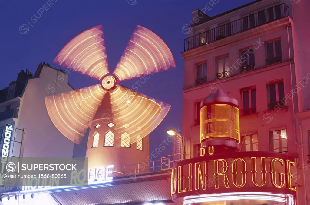 France, Paris, Montmartre,  Moulin rouge, neon sign,  Lights, movement, night  Europe, capital, Pigalle-Viertel, amusement quarter, sight, nightlife, ...