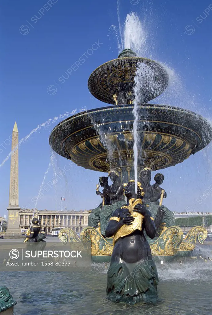 France, Paris, Place of de la Concorde,  Fountains, Obelisk,13. Jh.   Europe, city, capital, place, well installation, wells, South wells, water, foun...