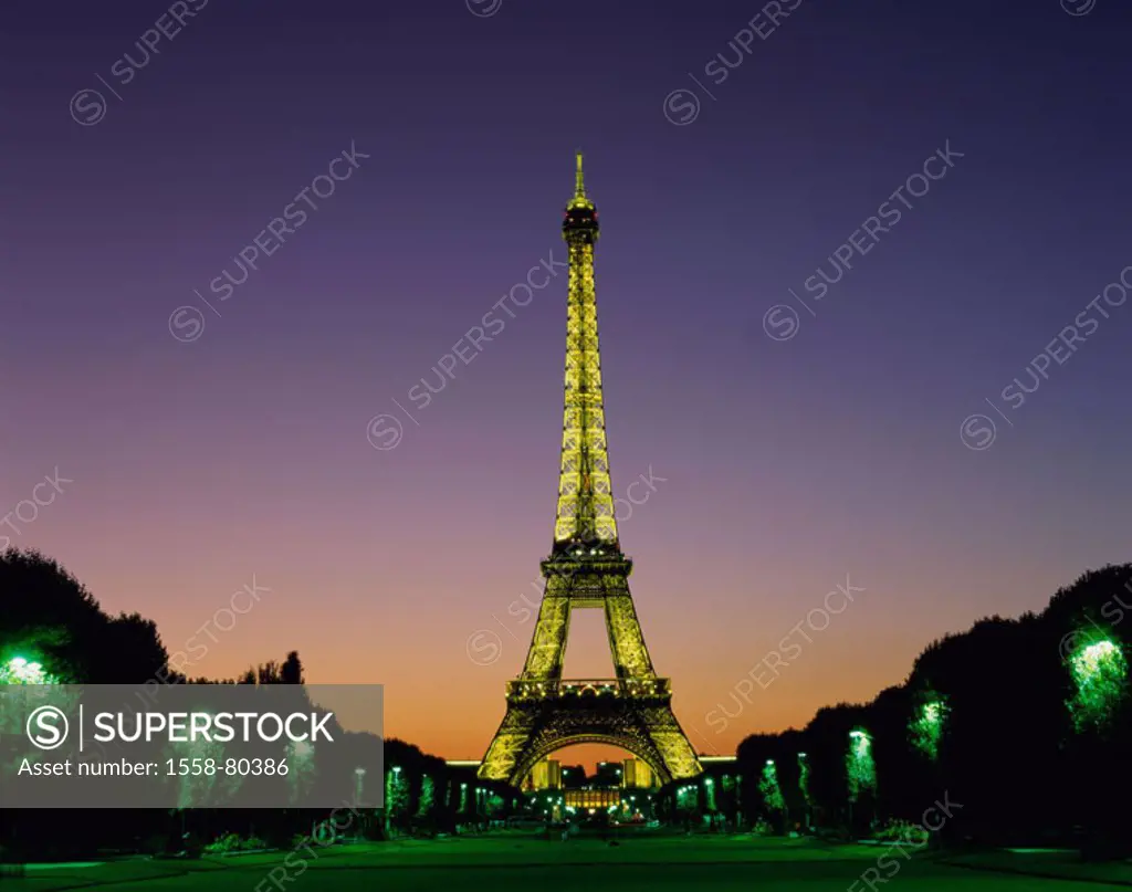 France, Paris, Eiffelturm,  Evening mood   Europe, capital, sight, landmarks, tower, Sendeturm, steel timbering tower, tour Eiffel, height 320,8 m, 18...