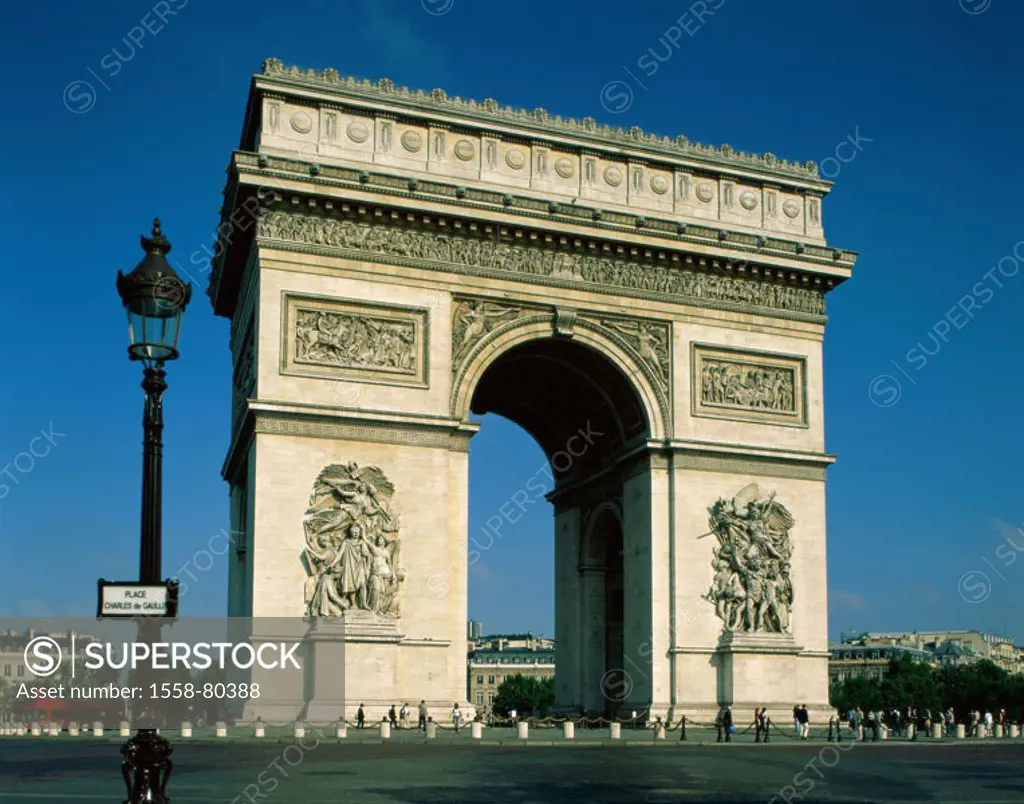 France, Paris, Place Charles´ de Gaulle,  Arc de Triomphe   Capital, sight, landmarks, construction, triumphal bow, archway, Arc de Triomphe de l´Étoi...