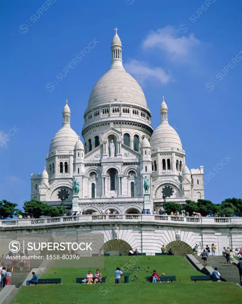 France, Paris, Montmartre, Basilica Sacré-Coeur, visitors,  summer  Europe, capital, sight, landmarks, construction, Sacre Coeur Basilica, church, com...