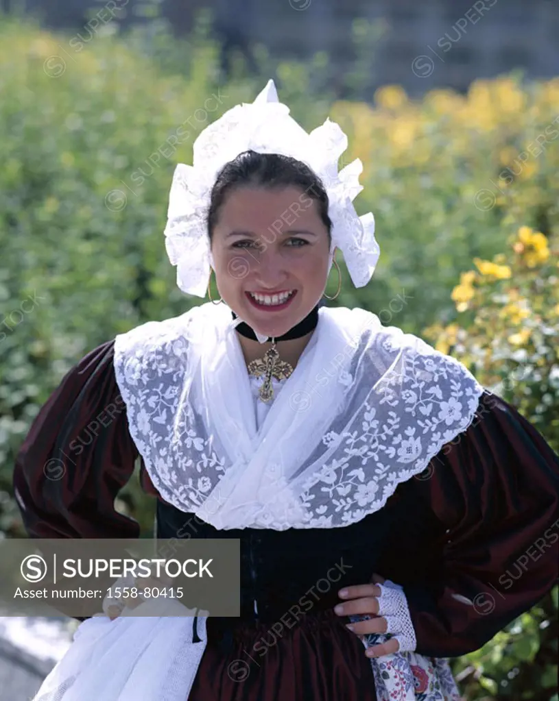 France, Provence, woman, young, Clothing, traditional costume, traditionally, smiling, Half portrait, Europe, South France, people, Frenchwoman, folkl...