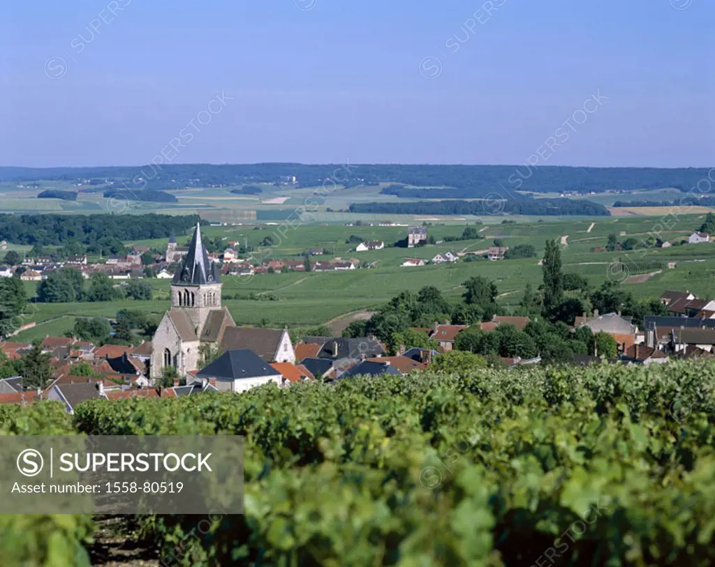 France, Champagne,  Vineyards, draws near rhyme   Europe, wine region, landscape, places, houses, tower, wideness, wine-growing, wine-growing area, ec...