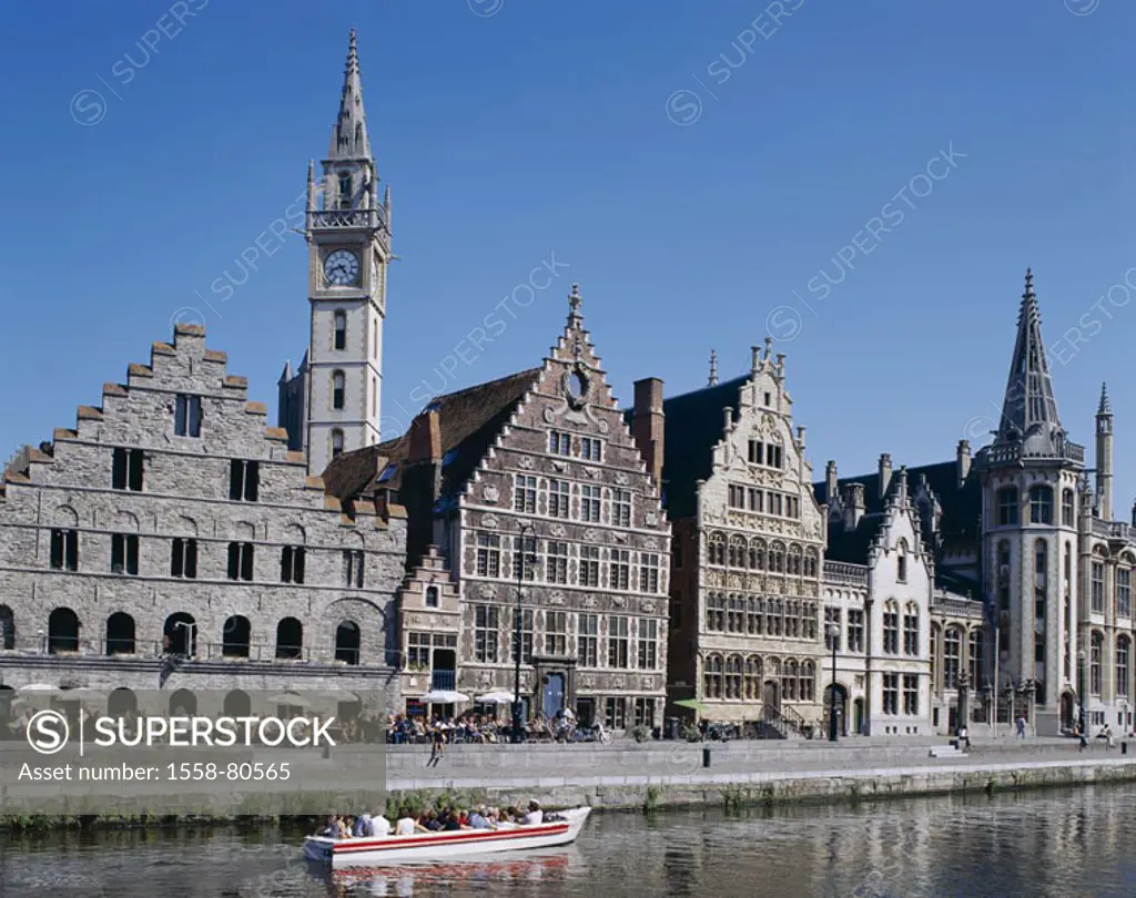 Belgium, Gent, old town, Graslei,  Gable houses, opinion,  Benelux, Flanders, houses, gable houses, tower, Uhrturm, constructions, sights, promenade, ...