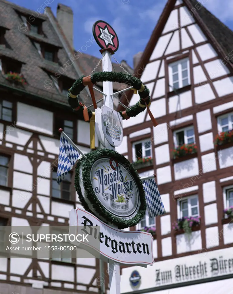 Germany, Bavaria, franc,  timbered house, fuzziness, Biergartenschild  Southern Germany, gastronomy, beer garden, sign, information, information sign,...