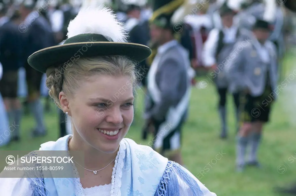 Germany, Bavaria, rose home, woman,  young, smiling, traditional costume, portrait  Europe, Southern Germany, Upper Bavaria, party, festival, blond, h...