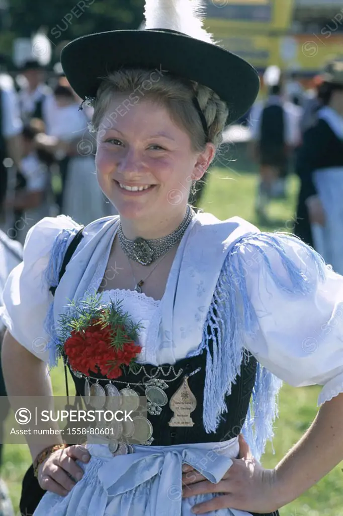 Germany, Bavaria, rose home, woman,  young, smiling, traditional costume, Halbporträt  Europe, Southern Germany, Upper Bavaria, party, festival, blond...